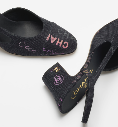 Pre-owned Chanel 22p Mademoiselle Coco Sling Black Grey Denim Slingback Sandal Heel 40.5 In Gray
