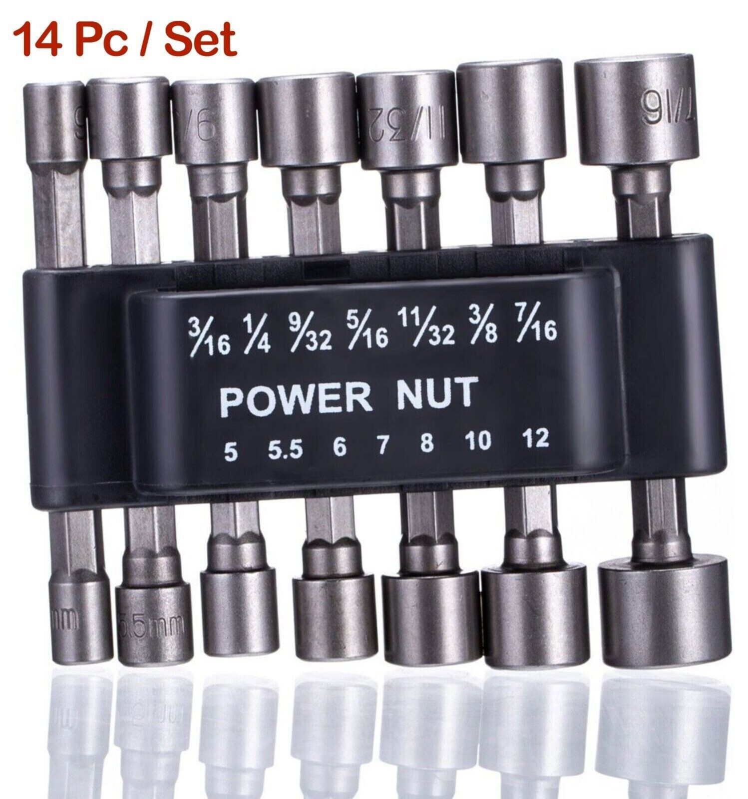 14pc POWER NUT Driver Bit Set Dual 1/4 Quick Change SAE & Metric MM Detent Shank