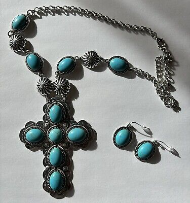 Turquoise Vintage Set Cross Necklace and Earrings