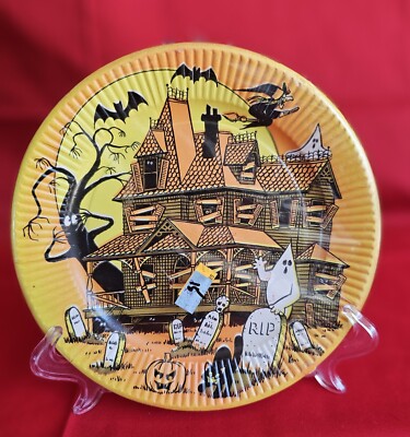 Vtg 7'' Halloween Paper Party Plates  Ghost Haunted House Wotch Bats RIP