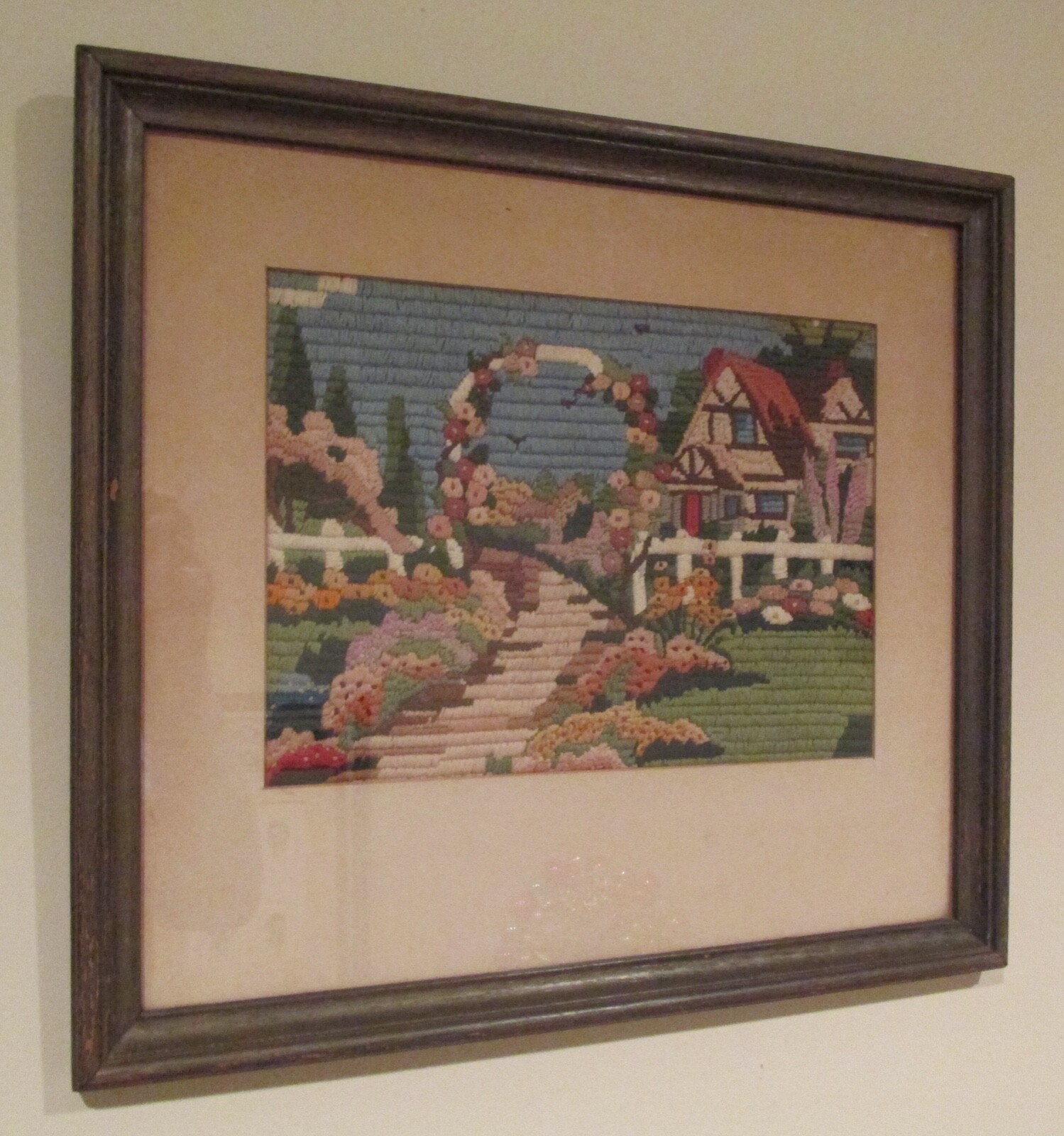 Vintage Framed Long Stich Embroidery COUNTRY COTTAGE WITH GARDEN