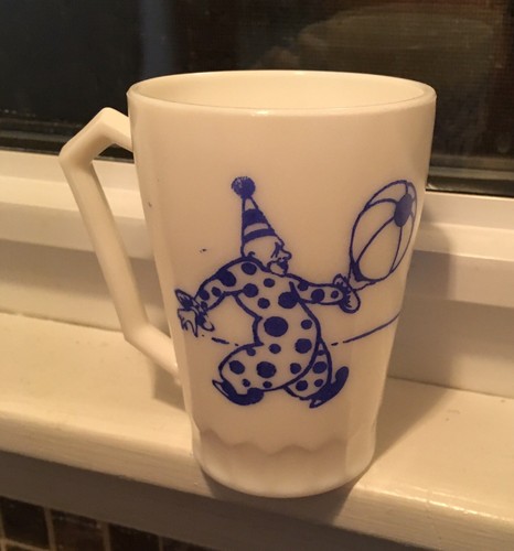 Vintage Hazel Atlas Child’s Milk glass Mug Cup White Blue Clowns Donkey Nice