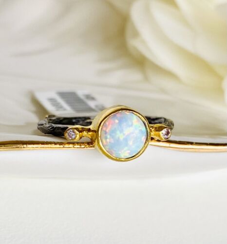 Antiqued Sterling Silver 18K Yellow Gold Opal Ring Size 5.5 - Picture 6 of 9