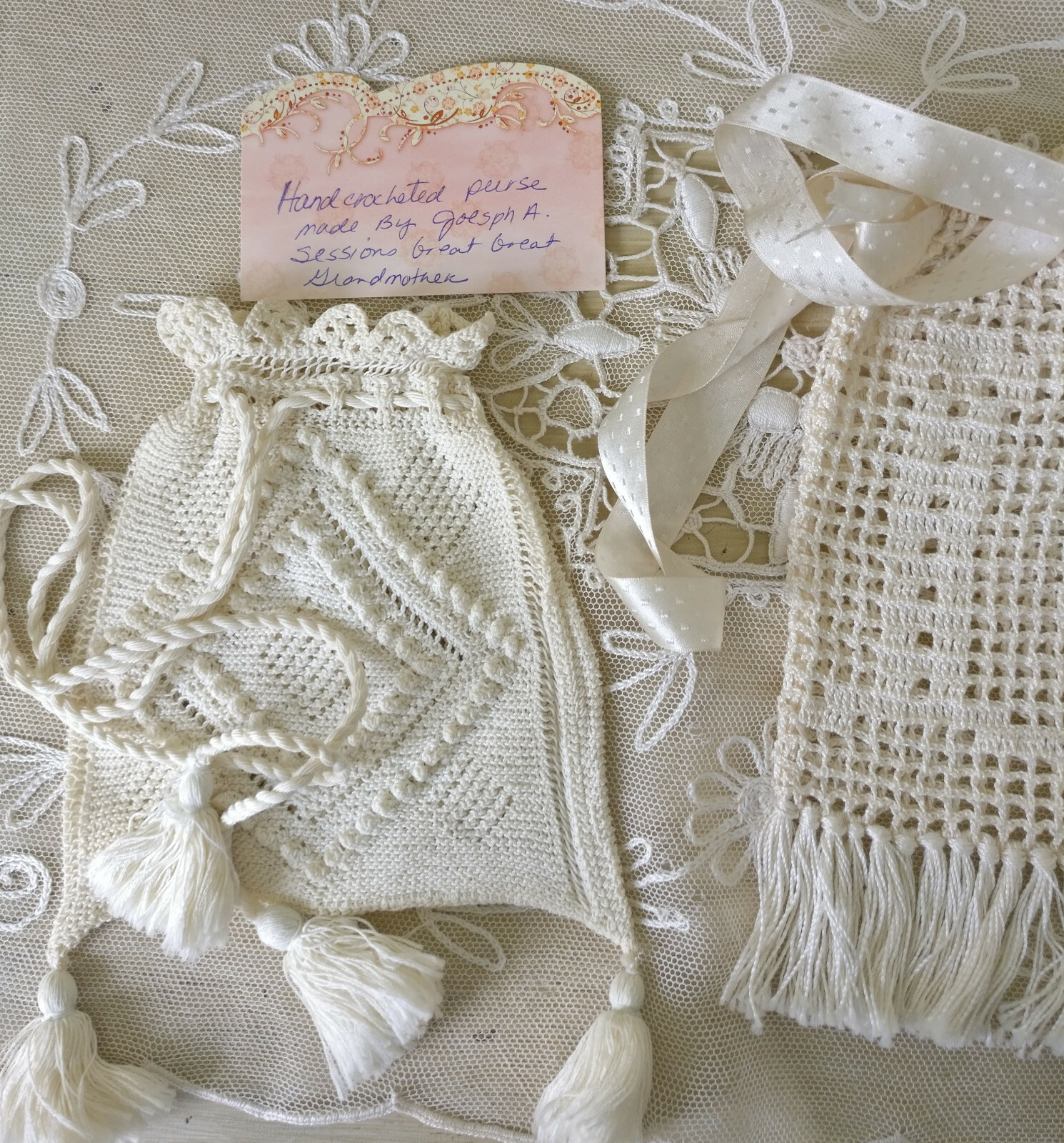 2 Antique Crocheted Edwardian Bags Silk Ribbon Initial L Drawstring Purse Tassel