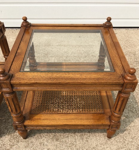Pair Vintage Thomasville Side Tables Cane and Glass