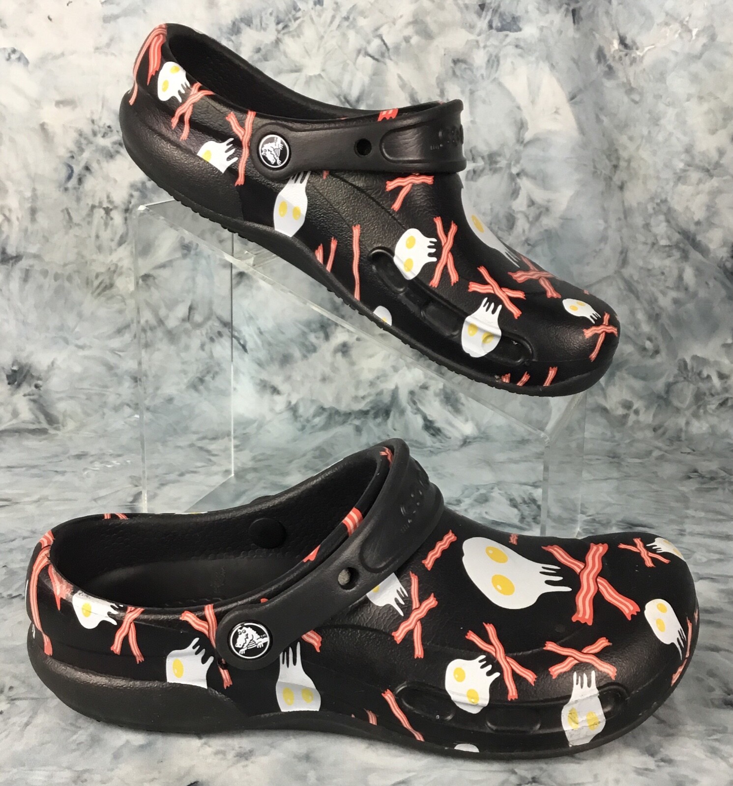 Crocs Bristro Graphic Clogs Black, Bacon And Eggs Men’s Size 7 Women’s Size 9