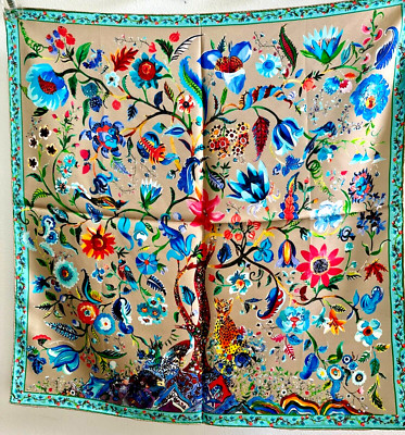 26''x26''Bird &Tree Print Pure Mulberry Twill Silk Double Face Scarf 65x65cm