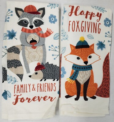 Set of 2 Different Printed Kitchen Towels(15x25'')FALL LEAVES &ANIMALS FRIENDS,MS