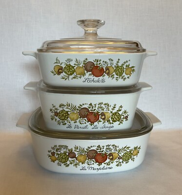 3 Casserole Set Vintage Corning Ware Spice of Life w/Lids 2qt  1 1/2qt  1qt NICE