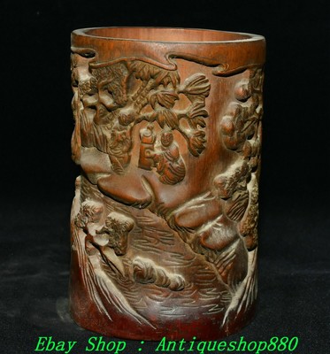 7.8'' Chinese Bamboo Root Carving Pine Old Man Container Brush Pot Pencil Holder