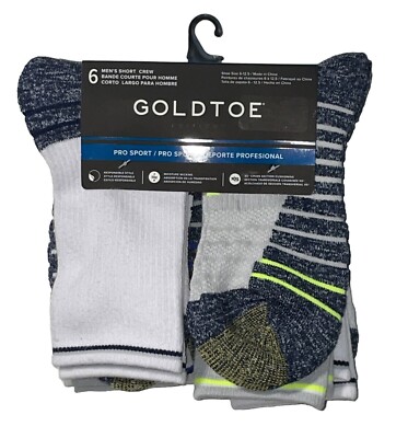 GOLD TOE PRO SPORT Men's Socks Short Crew 6 Pair Shoe Size 6-12.5 WHite/Grey/Blu
