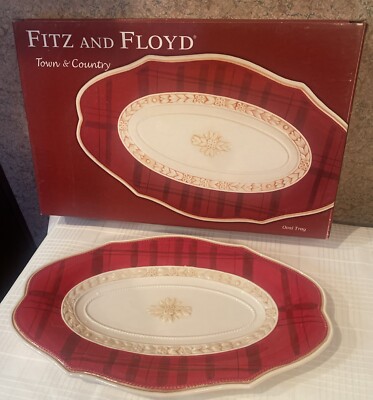 Fitz & Floyd Town & Country Oval Serving Tray Platter Red Ivory New in Box