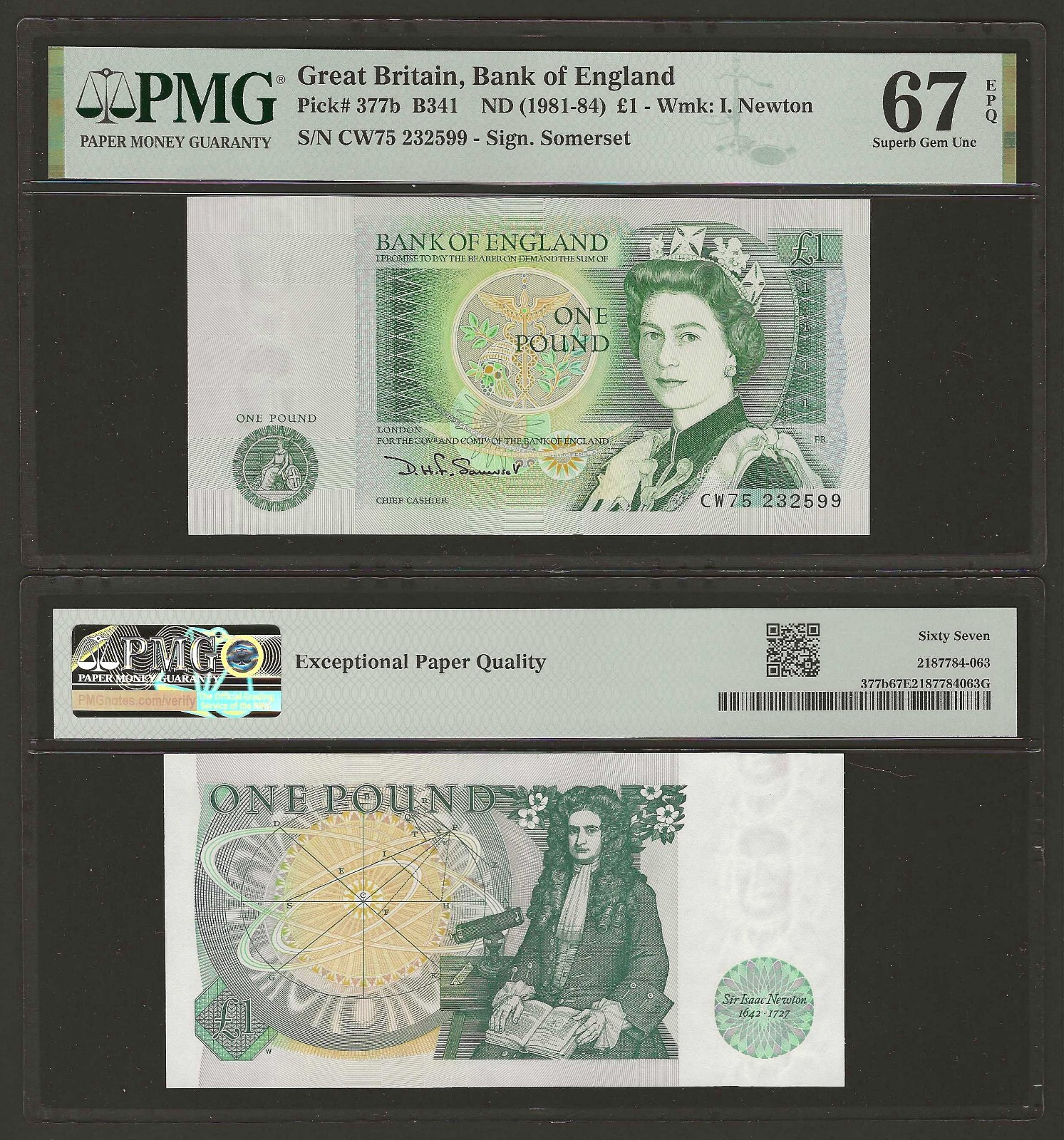 ℳ GREAT BRITAIN 1 Pound 1981-84, P-377b Somerset, PMG 67 EPQ