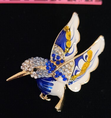 Betsey Johnson Hummingbird  CRYSTAL Enamel SPRING NECTURE Flower Brooch BLUE