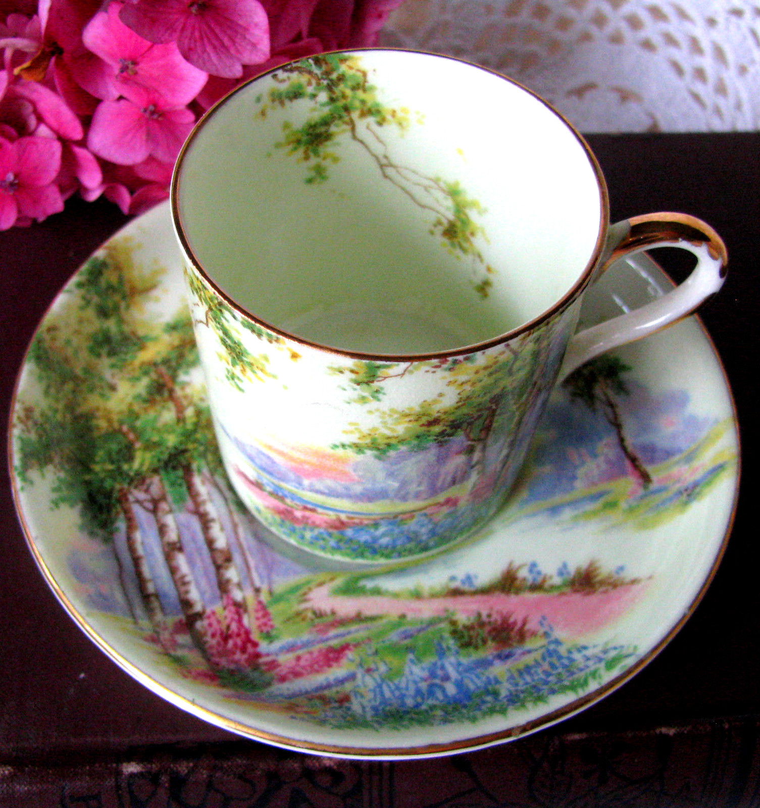 Aynsley Bluebell Time Demitasse Cup and Saucer c.1930s Birch Trees Garden Scene