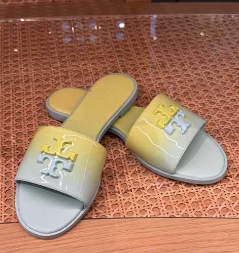 Pre-owned Tory Burch Everly Slide Flat Soft Patent Leather Celeste Ombré W Logo Sz 7 In Green/yellow