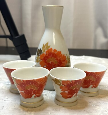 Vintage OMC Otagiri Kozan Gama Kiln Orange Flower Sake Bottle And Cups