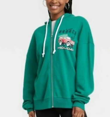 Ford Bronco Holiday Hoodie Size XXL Green Christmas Sweatshirt Zipper Womens