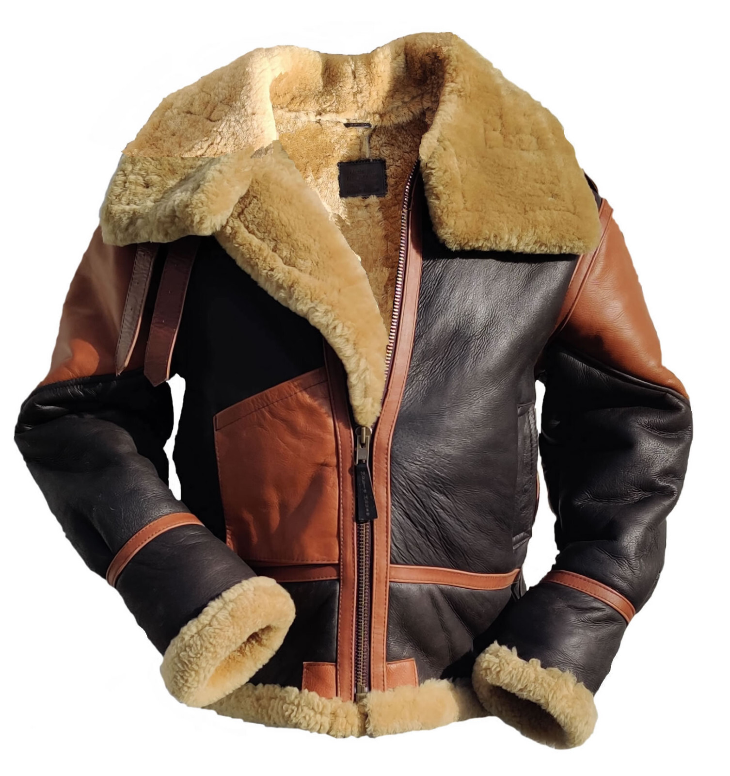 Pre-owned Handmade B3 Raf Black Mens Bomber Flying Aviator Fur Irvin Real Shearling Leather Jacket In Brown