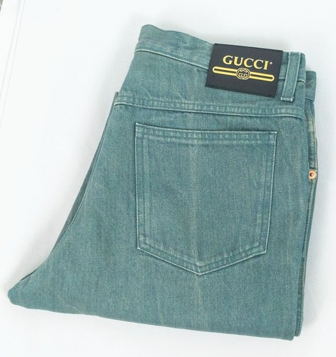 GUCCI Teal Green Distressed Slim Fit Zip Fly Denim Jeans US