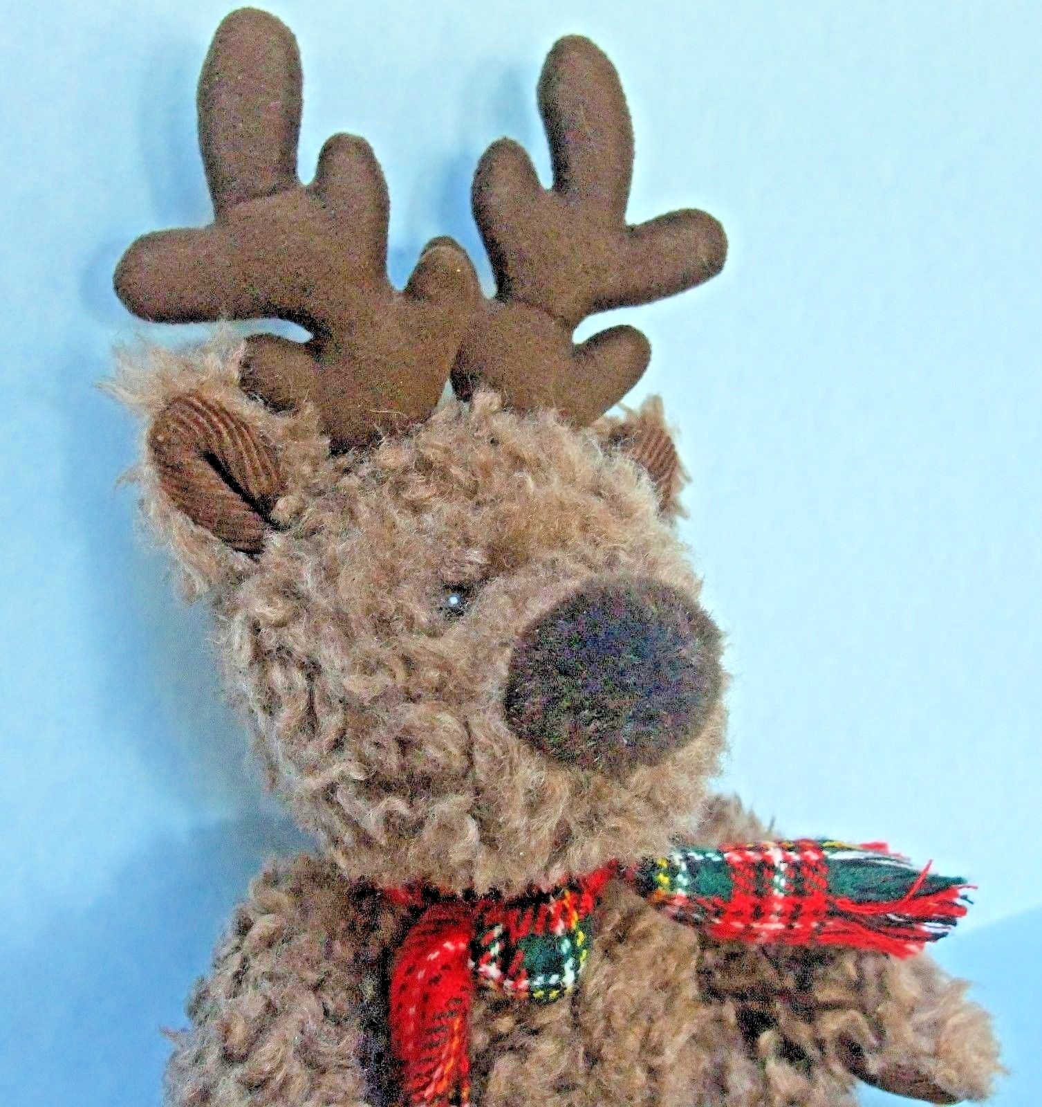 Russ Berrie Buck Brown Bear With Reindeer Antlers and Red Plaid Scarf