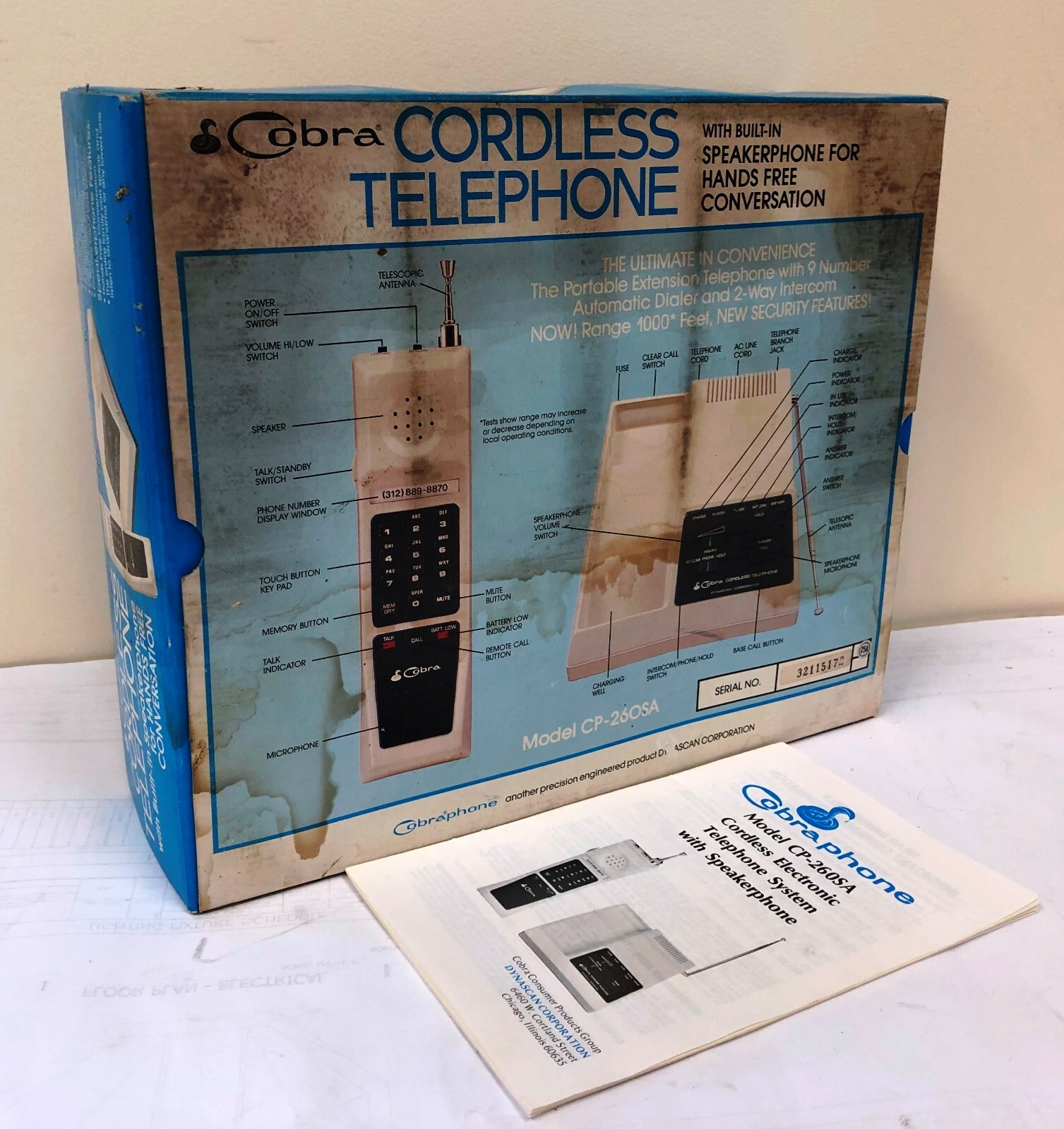 Vintage Cobra  CP-260SA cordless phone telephone in box with manual