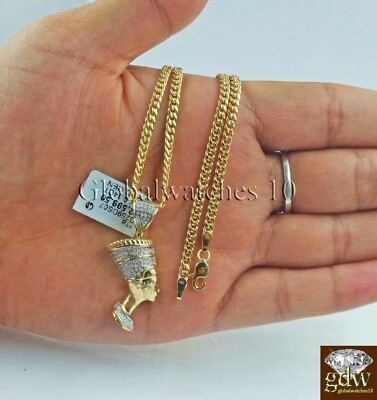 Pre-owned Globalwatches10 10k Gold Diamond Egyptian Queen Nefertiti Charm With 22"inch Miami Cuban Chain In White