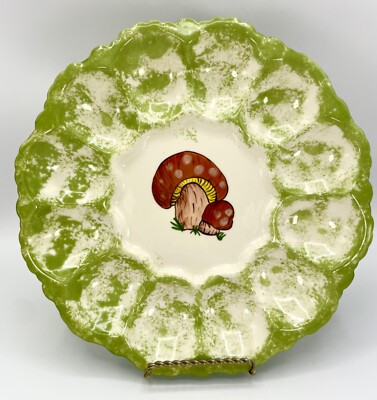 Vintage Green Scalloped Hand-Painted Ceramic Deviled Egg Platter Red Mushrooms