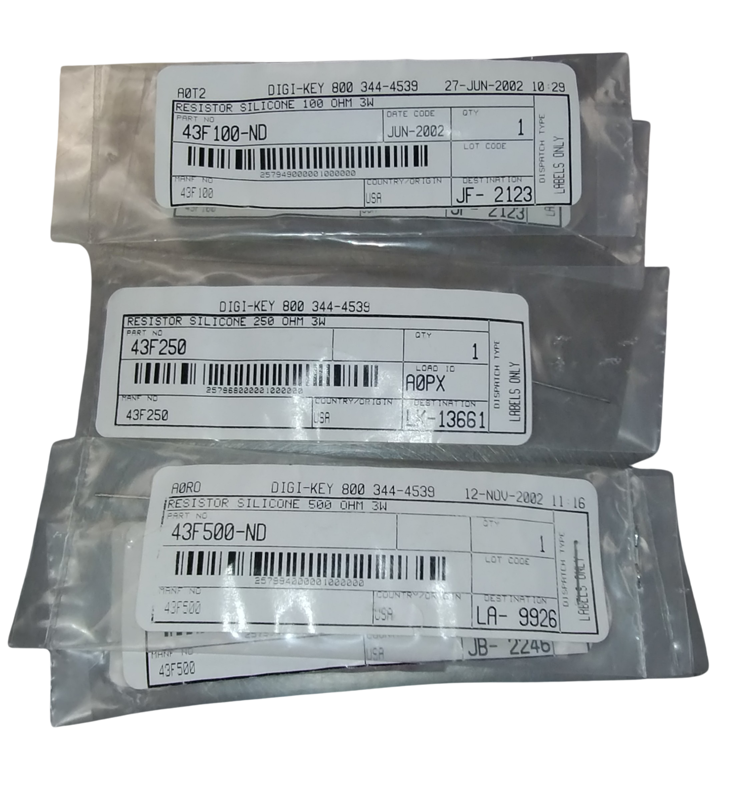 Lot Of Silicone-Coated Resistors 100, 250, 500 Ohm 3W Through-Hole