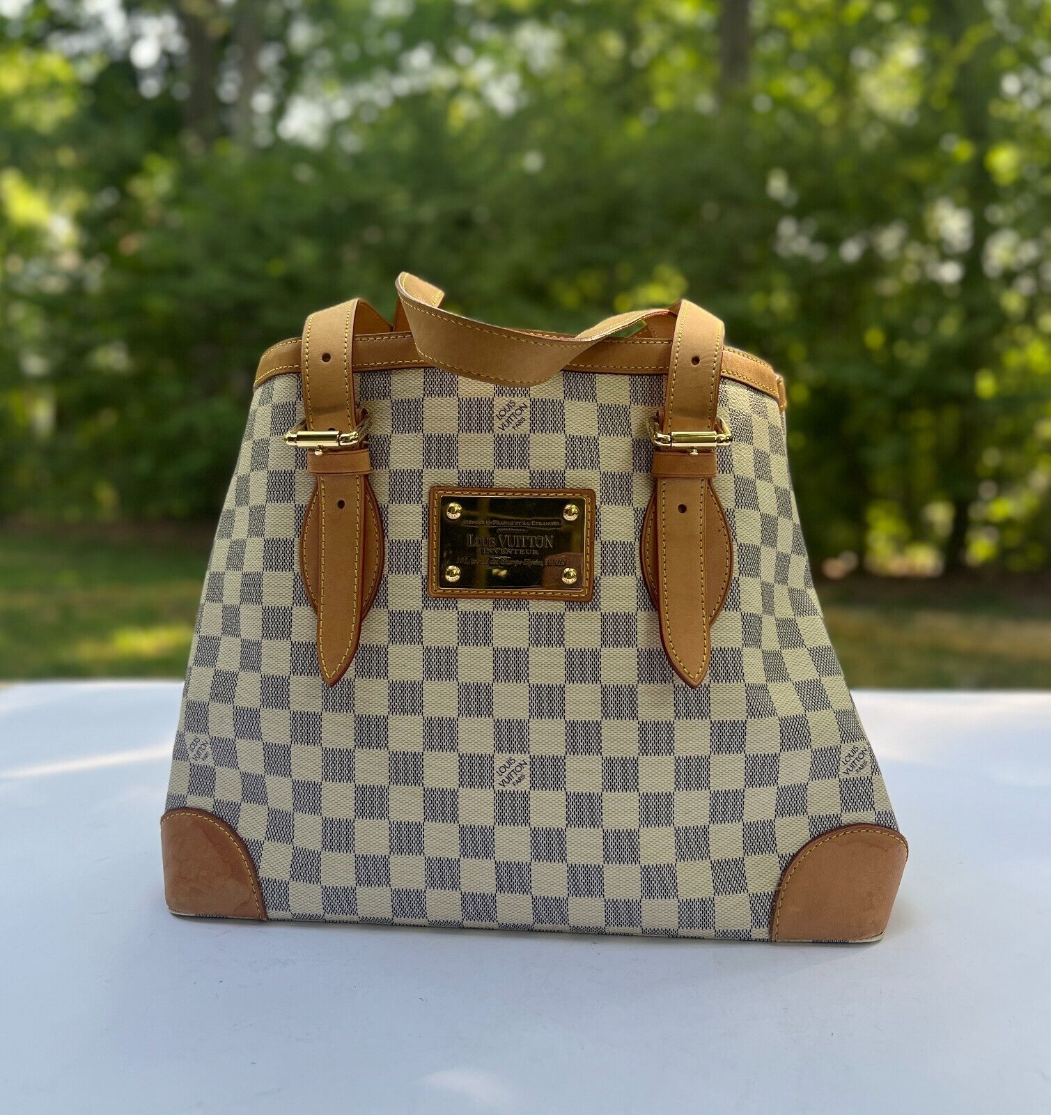 Authentic Louis Vuitton Damier Azur Hampstead MM Tote Bag Authentic Louis Vuitton Damier Azur Hampstead MM Tote Bag