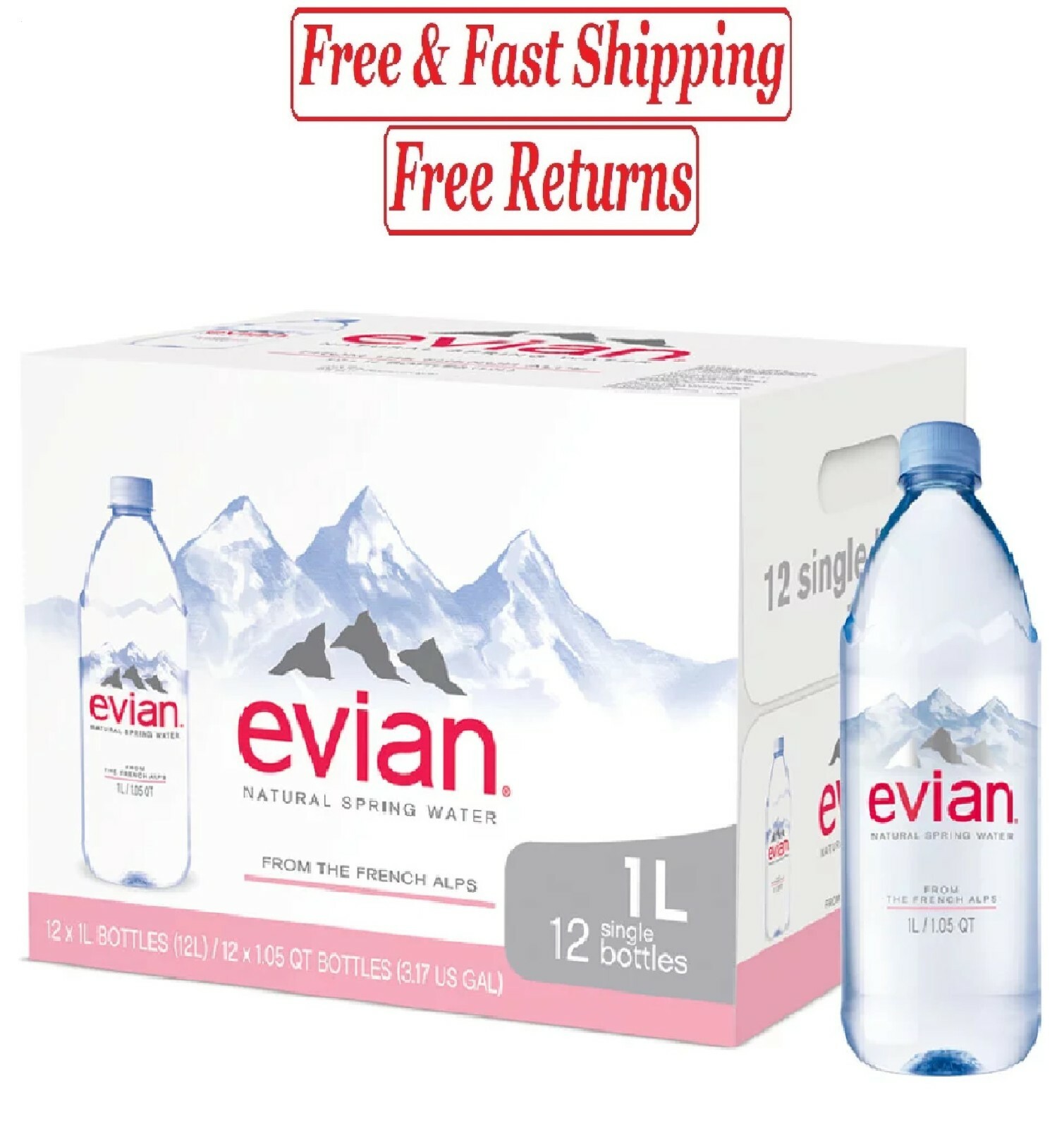 evian Natural Spring Water 12 Individual 1 Liter 33.8 Ounce Large