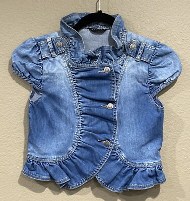 SISLEY Denim Vest Girls 9-10 blue Short Sleeves Ruffle trim jean button up Youth