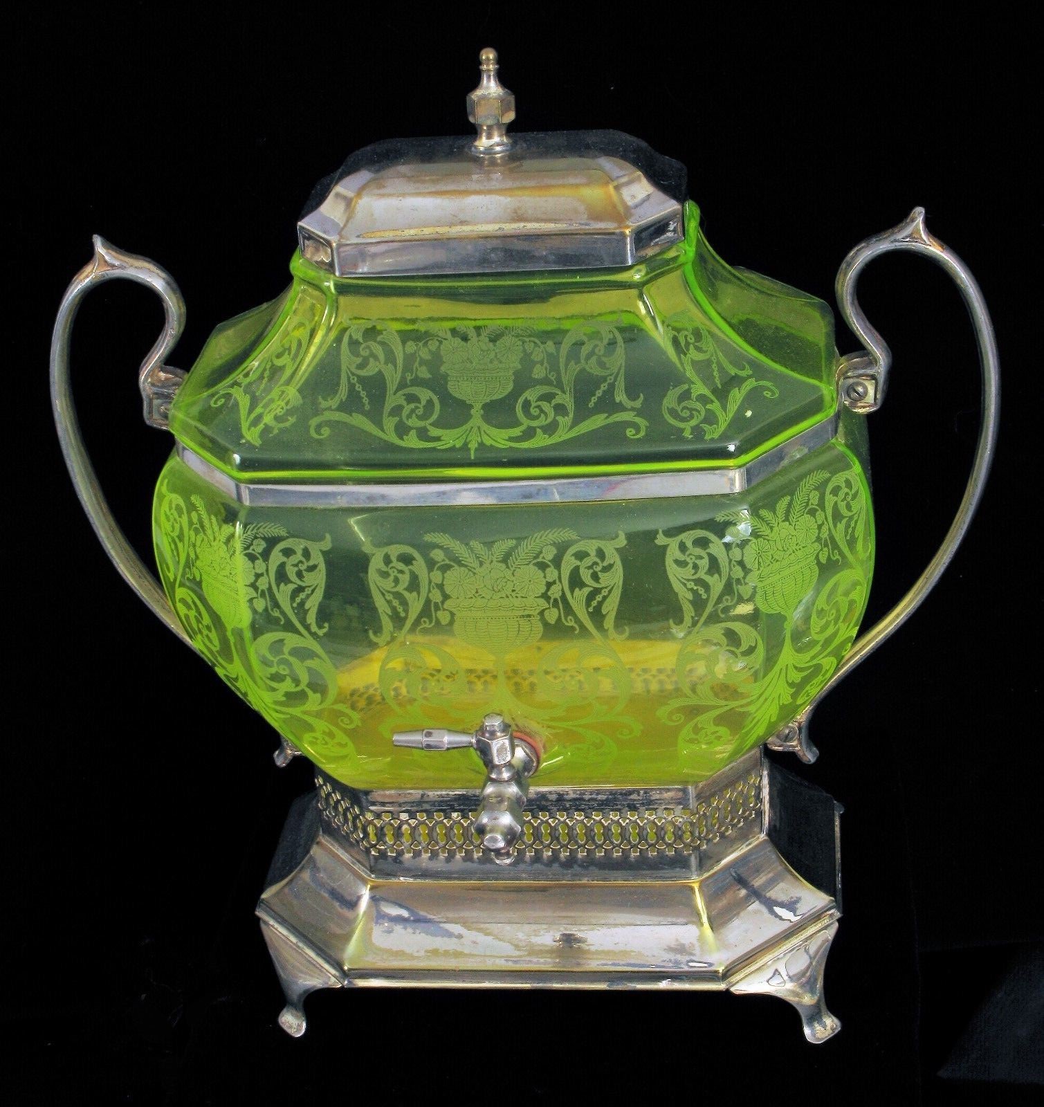 ANTIQUE ART DECO ETCHED GREEN VASELINE URANIUM GLASS DISPENSER CENTURY SILVER !