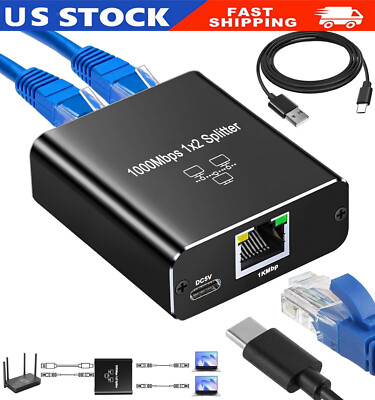 RJ45 Gigabit Ethernet Splitter 1000Mbps LAN Network Internet 1 to 2 Out Adapter