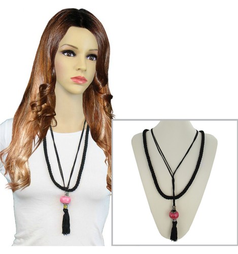 Black Cord Pink Ceramic Bead Long Tassel Fringe Necklace 29" Kim Craftsmen