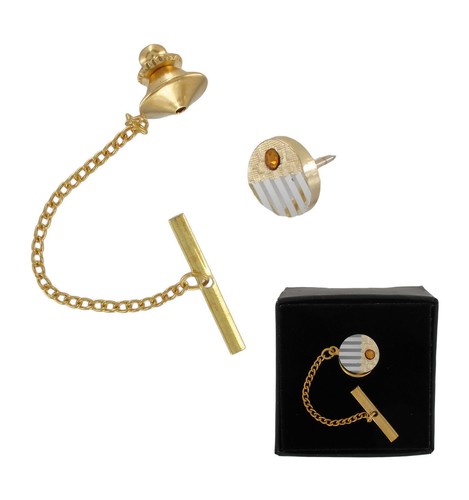 Retro Topaz Rhinestone Two Tone Tie Tac Tack Pin Mens Jewelry - Gift Boxed