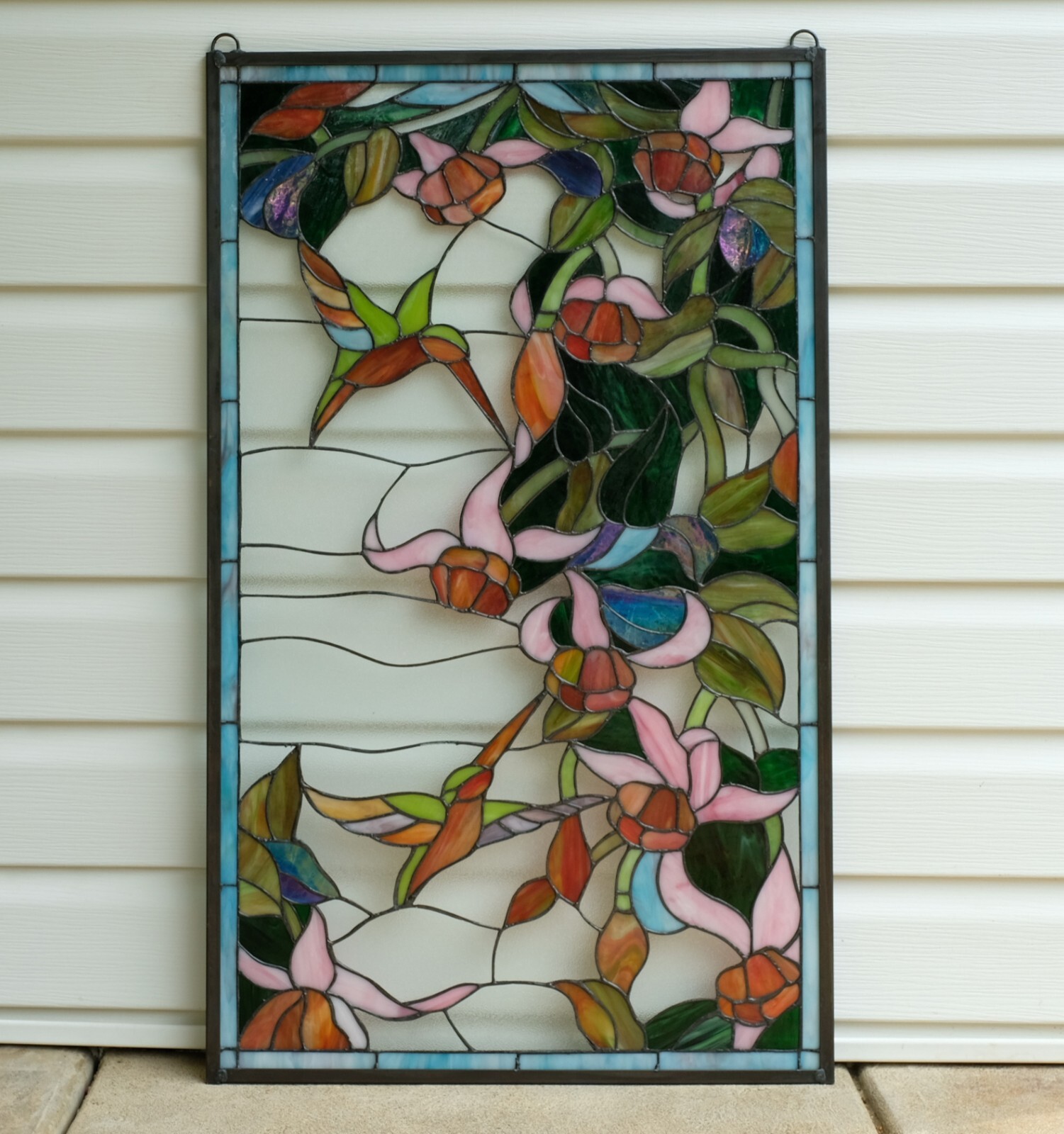 20.5" x 34.75" Handcrafted stained glass window panel Hummingbirds WL-043044208
