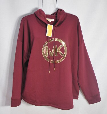 Michael Kors Women's Hoodie L Merlot Gold Sequin MK Logo Shirt Top Blouse NWT