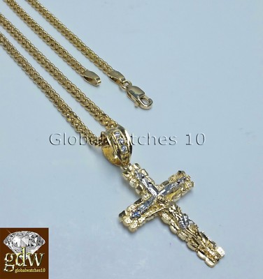 Pre-owned Globalwatches10 10k Yellow Gold Jesus Cross Charm Pendant 26" Miami Cuban Chain Necklace