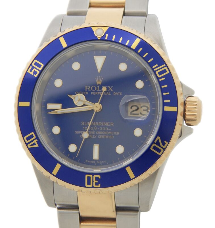 Rolex Submariner Blue Sub 18k Yellow Gold Stainless Steel Watch No Holes 16613