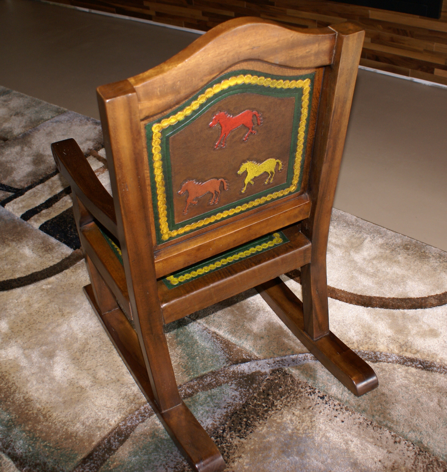 Beautiful Western TODDLER CHILDS CHAIR Leather Hand Tooled Horses   HEIRLOOM
