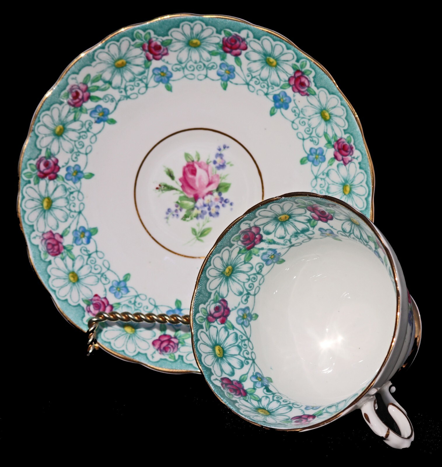 ROSINA BONE CHINA AQUA DAISIES ROSES DAISY FOOTED GOLD TRIM TEA CUP & SAUCER