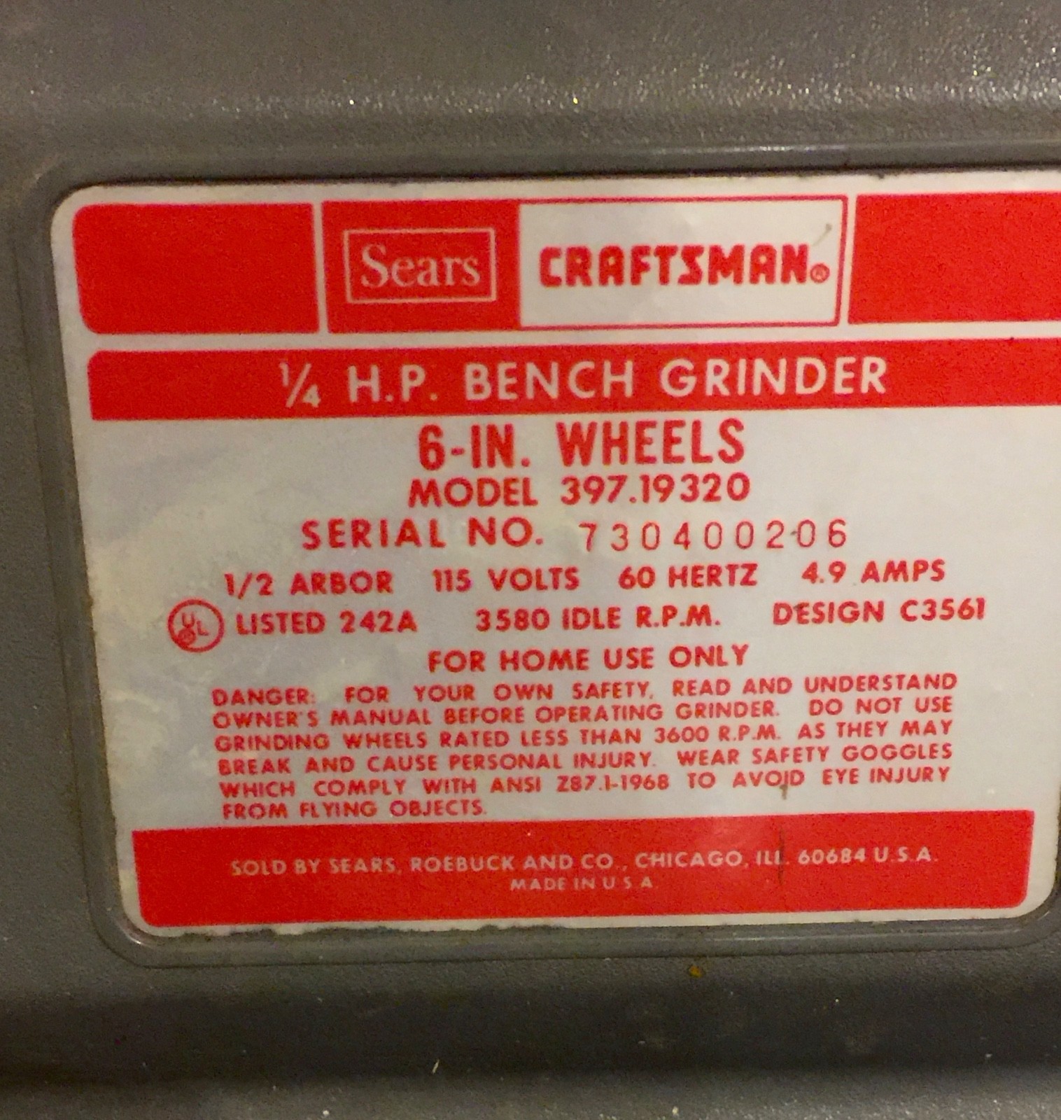 Vintage Sears Craftsman 1/4 HP Bench grinder 6