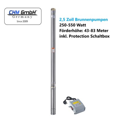 CHM GmbH® Tiefbrunnenpumpe 2,5 Zoll 250-550 Watt 2700 L/h u Schaltbox Tauchpumpe