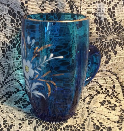 Antique Blue Glass Handled Tumbler Cup Mug Hand Painted Floral Gold Trim / Rim