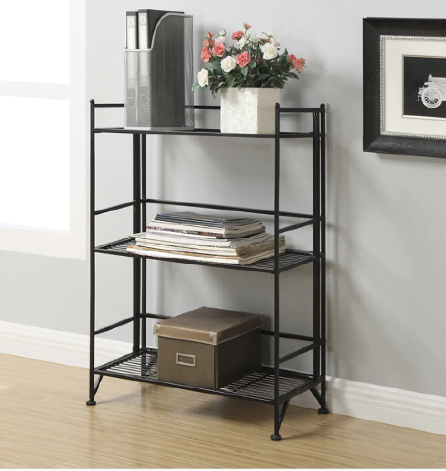 Industrial 3-tier Wide Folding Shelf - Black- Constructed of Durable Metal