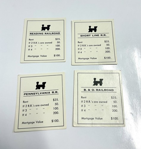 Monopoly 4 Title Railroad Cards: Reading, Short Line, B & O