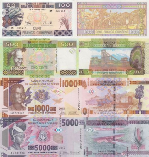 Guinea 4 PCS Set: 100, 500, 1000 & 5000 Francs (2015) p-A47, p-47, p-48,p-49 UNC