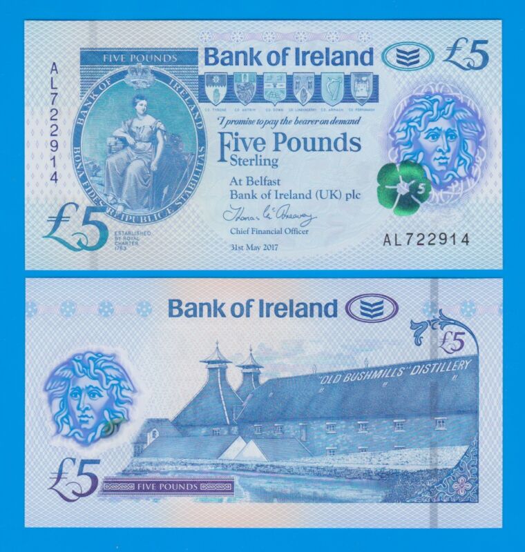 Northern Ireland 5 Pounds P 90 2017 UNC POLYMER Note, Bank of Ireland