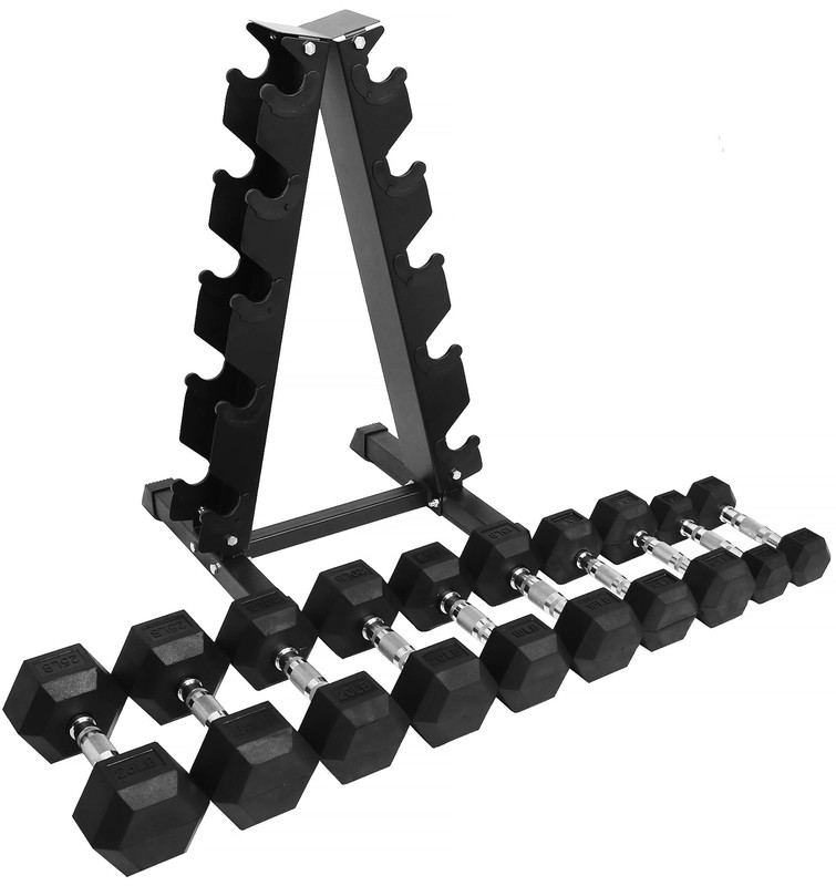 Rubber-Coated Hex Dumbbell Set with A-Frame Rack (Pairs) Weight Fitness Curl